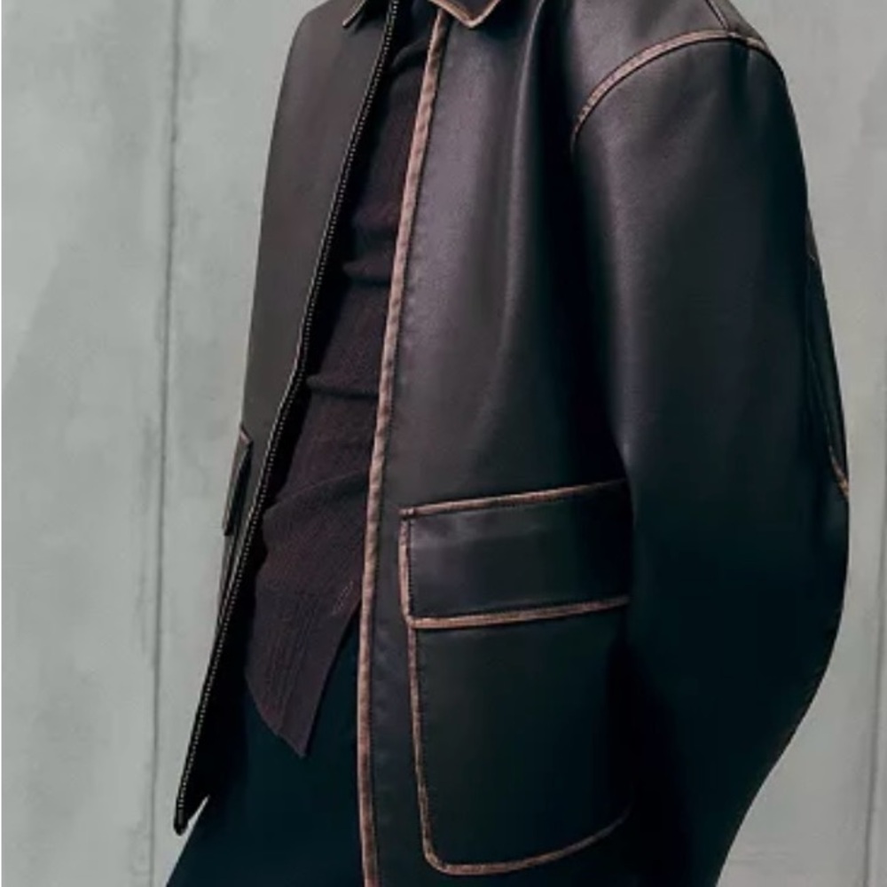 Mango Dark Brown Leather Jacket with Contrast Stitching - Picture 5 of 11